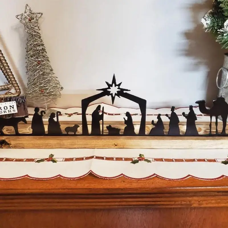 Metal Silhouette Wooden Candle Holder Birth Of Jesus Ornament Christmas Gifts Crafts Home Decor