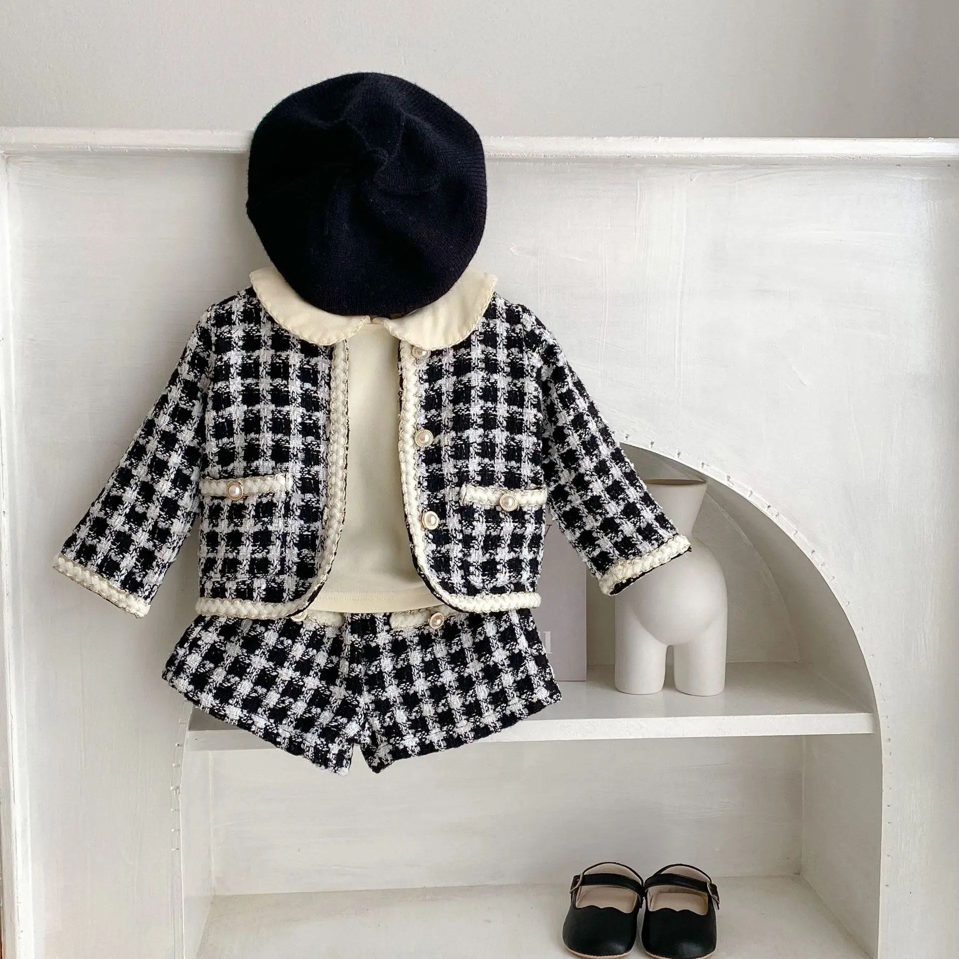 2023 Spring Dress Baby Girl Plaid Long-sleeved Shirt Jacket+pants Two-piece Suit