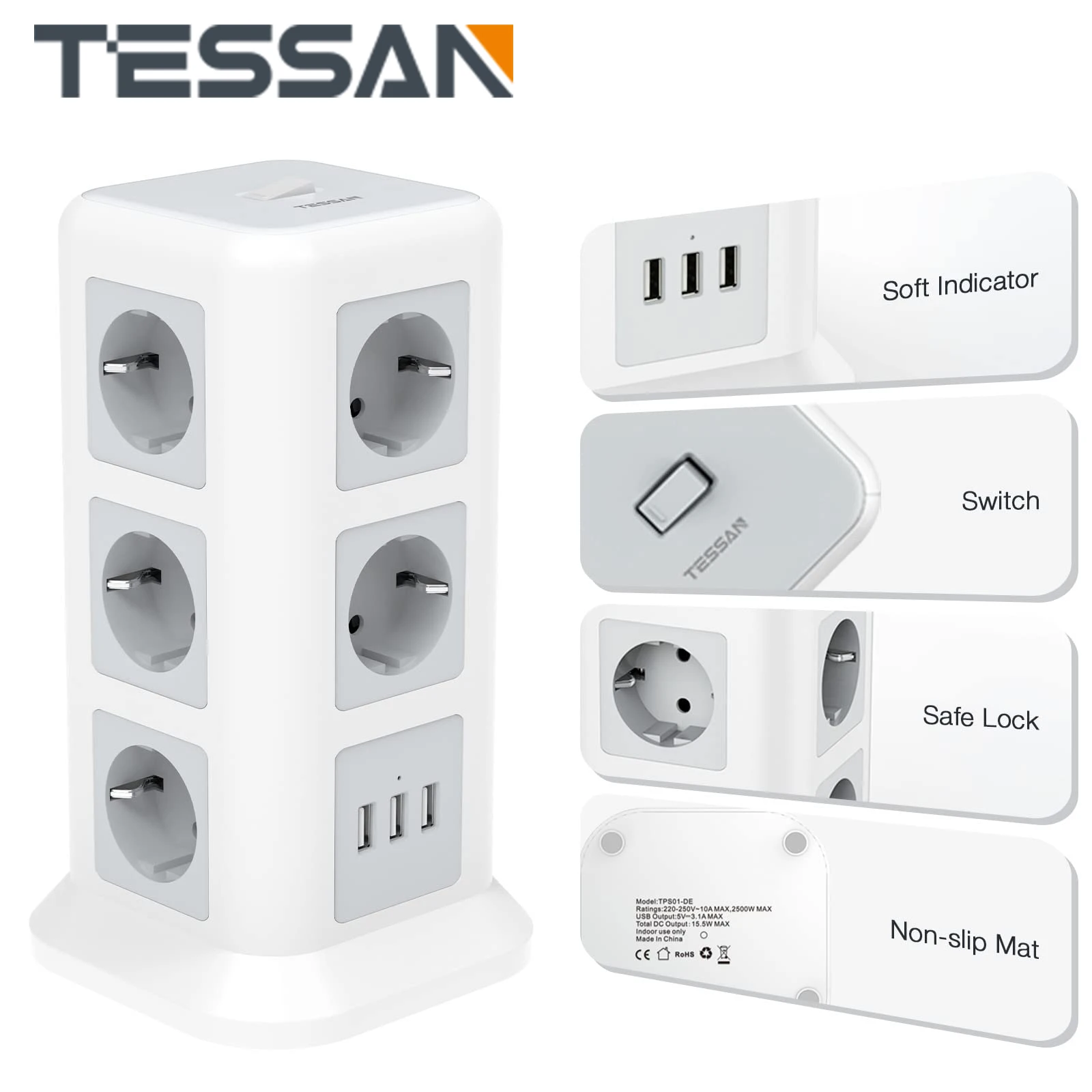 

Удлинитель TESSAN, 2500 Вт, с 3/8/11 розетками переменного тока, 3 USB-порта