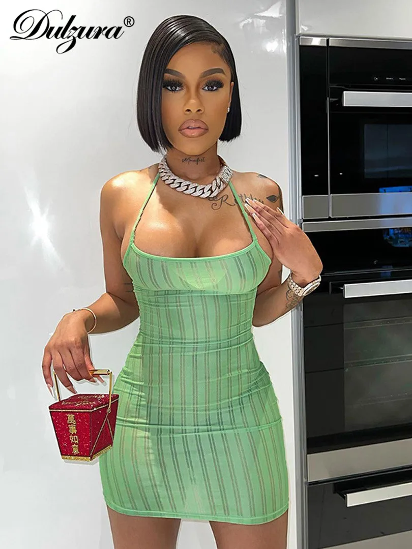 

Dulzura Lace Up Halter Knitted Stripe Mini Dress Backless Bodycon Sexy See Through Club Outfit Streetwear Rave Festival Birthday