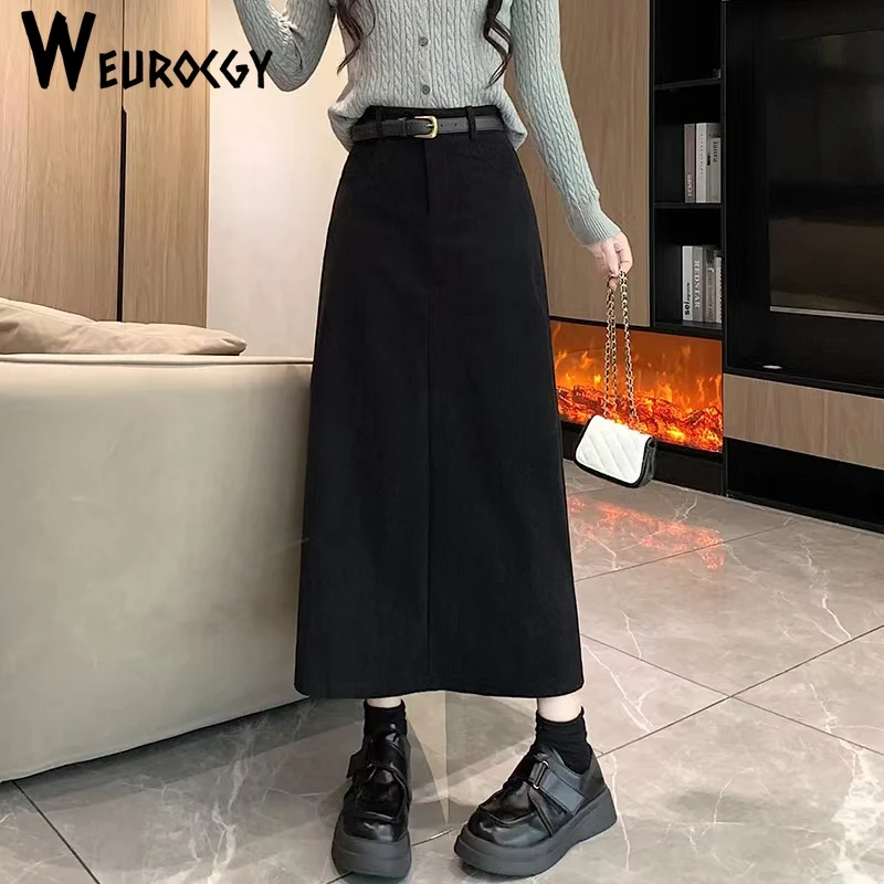 Осень-зима 2024 новый стиль вельветовые юбки для женщин модные однотонные теплые