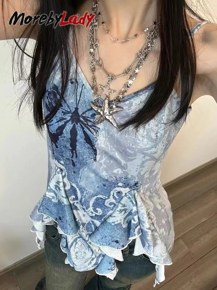 

Майка женская летняя без рукавов, с синим принтом, Y2k, 2000