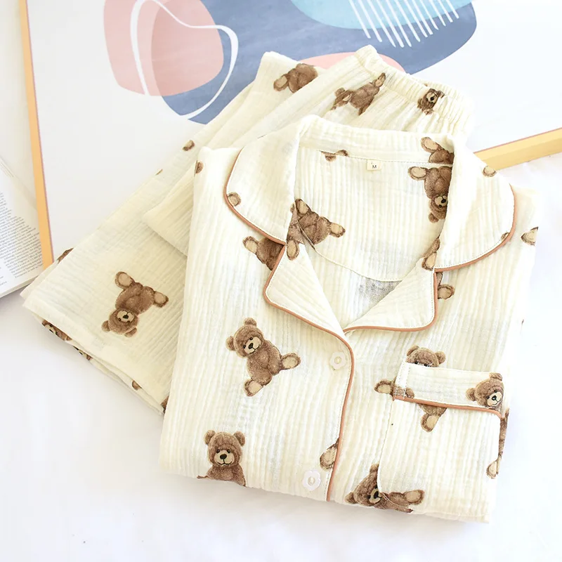 Cartoon Mom Style Home Clothes Washed Crepe Lapel Spring/Autumn Thin Long Sleeve Trousers Cotton Double Gauze Female Pajamas Set