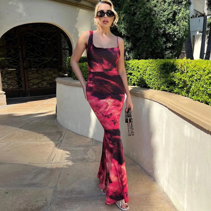 

2023 New Women Fashion Color Print Y2K Dress Sexy U-neck Off Shoulder Backless Bodycon Slip Party Club Dresses Lady Streetwear