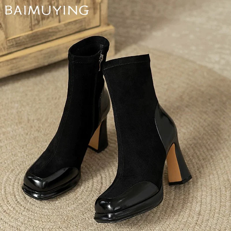 Женские ботильоны на высоком каблуке замшевые элегантные туфли с квадратным