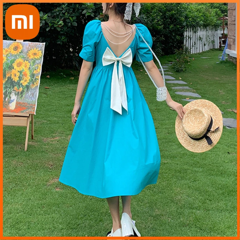 

Xiaomi Backless Short Sleeve Elegant Vintage Dresses for Women French Bow Design Casual Midi Dress Females Beach Piece Dress
