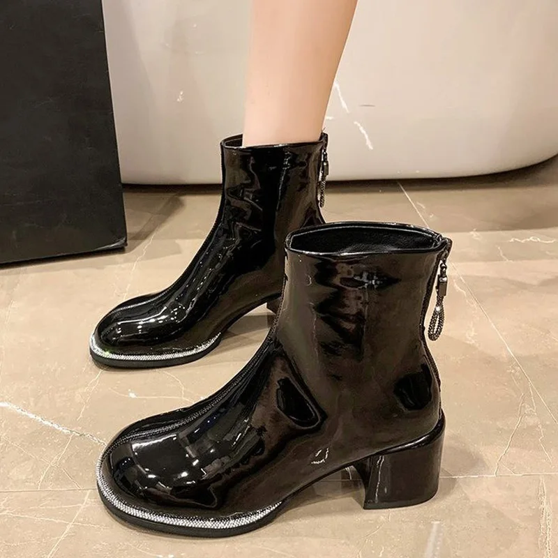 

Изящные женские зимние ботинки челси со стразами на среднем массивном каблуке, Короткие Плюшевые ботинки, женские ботильоны, ботинки, ботин...