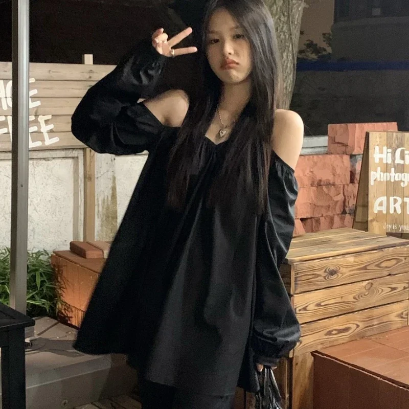 Черные блузки женские уникальные готические сексуальные с открытыми плечами