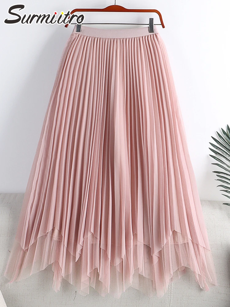 

SURMIITRO 2022 Summer Korean Fashion High Quality Aesthetic Pink Mesh Women Midi Long High Waist A Line Pleated Skirt Female