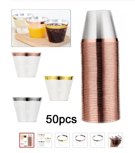 

50pcs Rose Gold Border Wine Cup 9oz Plastic Glass Cup Clear Disposable Edging Decor For Wedding Party Dinking Cocktail Supplies
