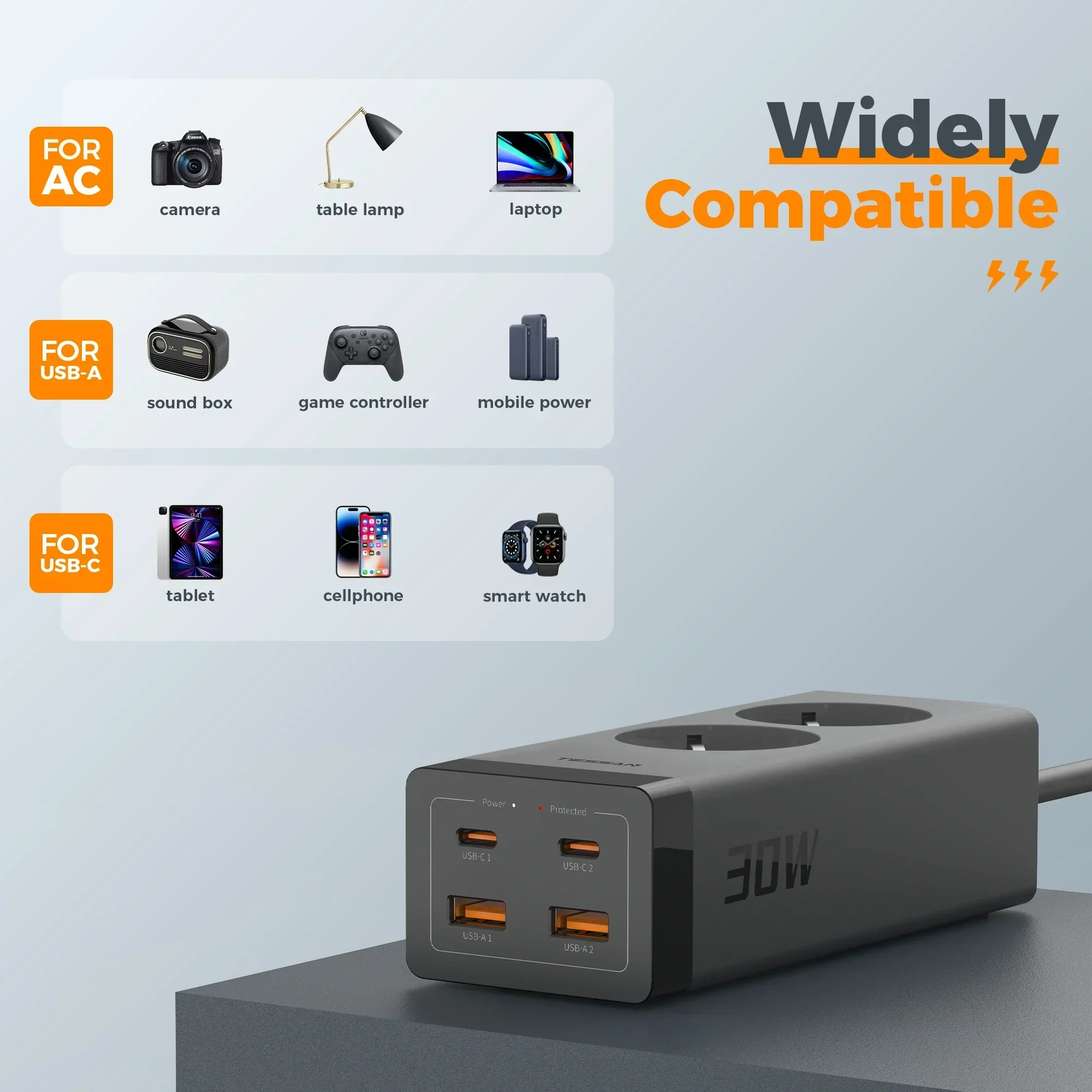 Несколько удлинителей TESSAN 30 Вт с удлинителем длиной 2 м адаптером GaN USB C для