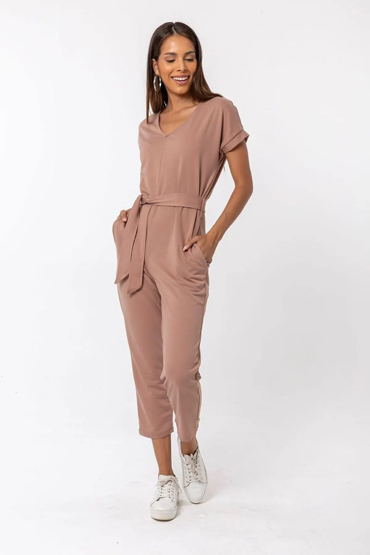 

Women's Overalls Earth Color Waist Belted Short Sleeve Casual Trend Model Jumpsuit Hot Casual Fashion Jumpsuit