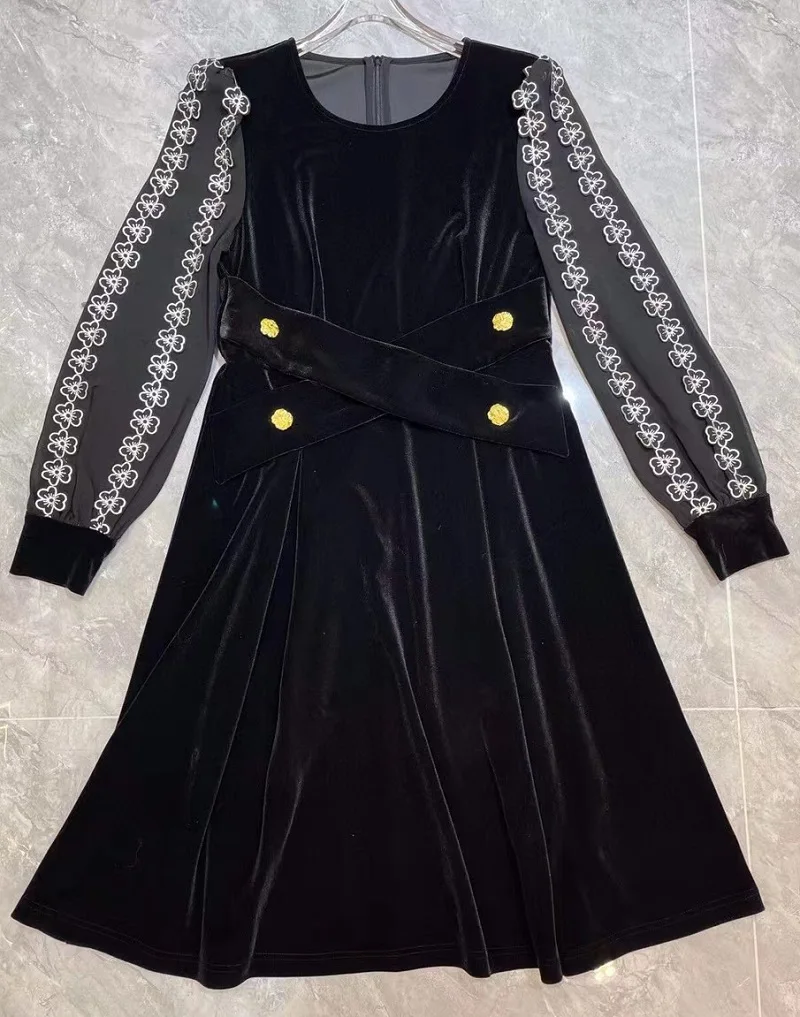 

Женское бархатное платье с цветочной вышивкой, черное элегантное платье с длинным рукавом, украшенное люрексом, на пуговицах, зима 2023