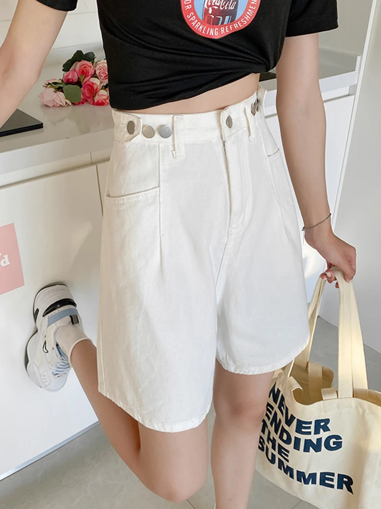 New Spring Summer Women High Waist Loose Blue Denim Shorts Casual Female Wide Leg Button Jeans Shorts Ladies Bottoms