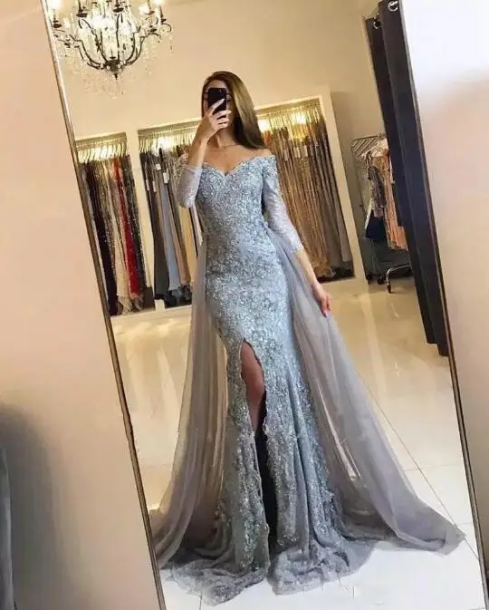 

Vestidos elegantes Silvery Long Mermaid Muslim Evening Dresses Lace Beaded Slit Saudi Arabic Prom Gown robe de soirée de mariage