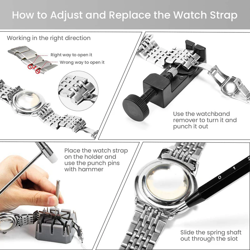 122 163pcs Watch Repair Tool Kit Has 10 finger Cots Wristwatch Link Pin Remover Case Opener Spring Bar Battery Replacement