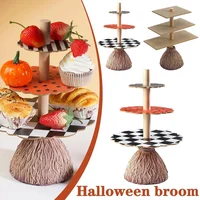 Halloween Broom Tray Tree Root Decor Witch Round/Square Resin Table Cake Stand Dessert Fruit Rack Party Food Display Stand