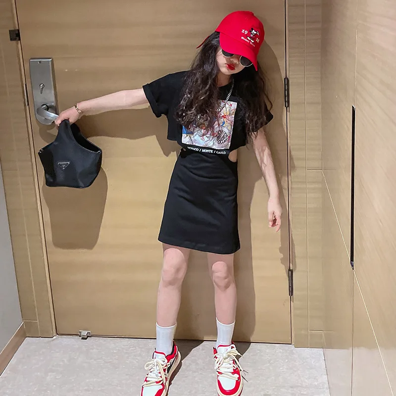 

Платье с открытой спиной для девочек, Новинка лета 2022, тонкая футболка с поясом на талии для детей среднего возраста, детская юбка на бедрах