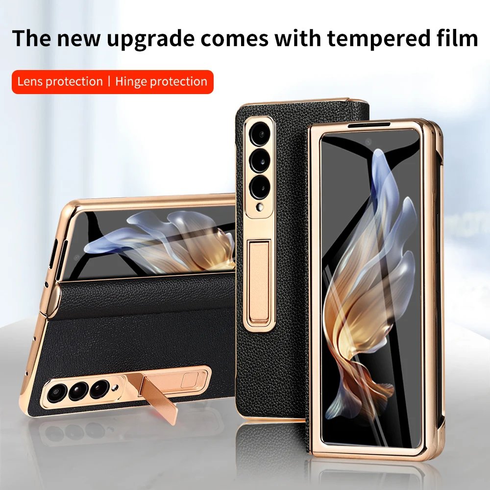 

Genuine Leather Phone Case for Samsung Galaxy Z Fold 5 4 3 Fold5 Fold3 Fold4 ZFold5 Gold Plating Back Cover with Mirror Film