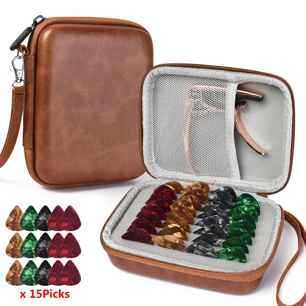 

Guitar Pick Holder Case Box Storage Bag + 15 Guitar Plectrums 0.75mm Random for Acoustic Electric Guitar Accessories