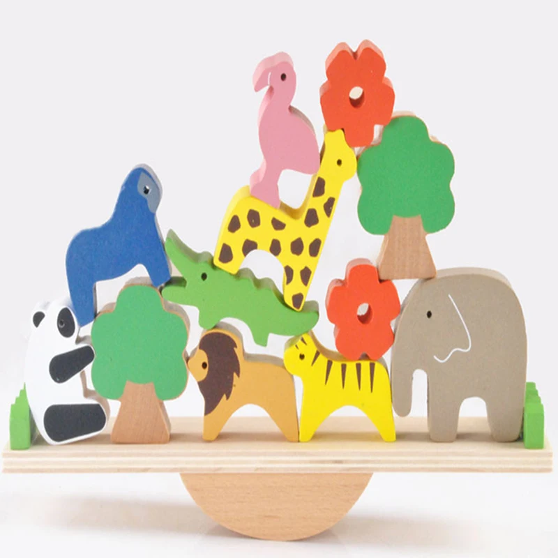

Montessori Wood Early Education Colour Cognition Forest Animals Seesaw Balance Stacked Building Blocks Toy Nice Gift for Baby