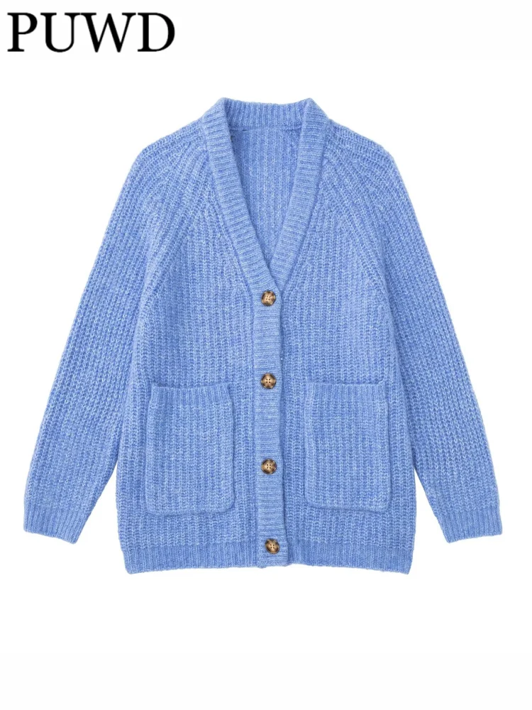 

PUWD Women Blue V Neck Rib Knit Cardigan 2022 Autumn Fashion Girls Casual Girls Solid Color Long Sleeves Sweaters