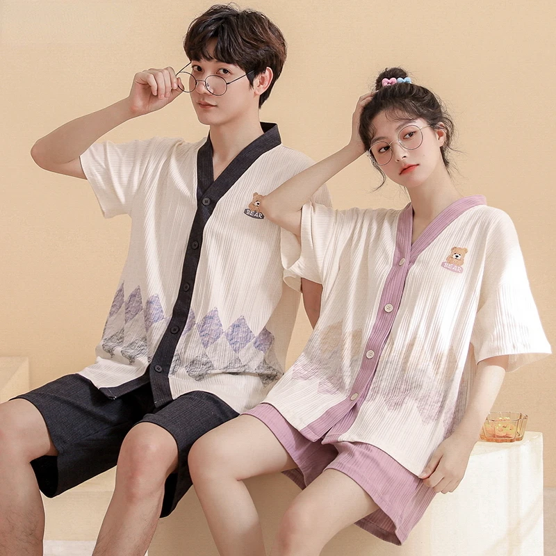 Summer Kimono Style Cotton Shorts Pajama for Couple Kawaii Cardigan Pijama Set for Woman Fashion Chic Leisure Loungewear for Boy