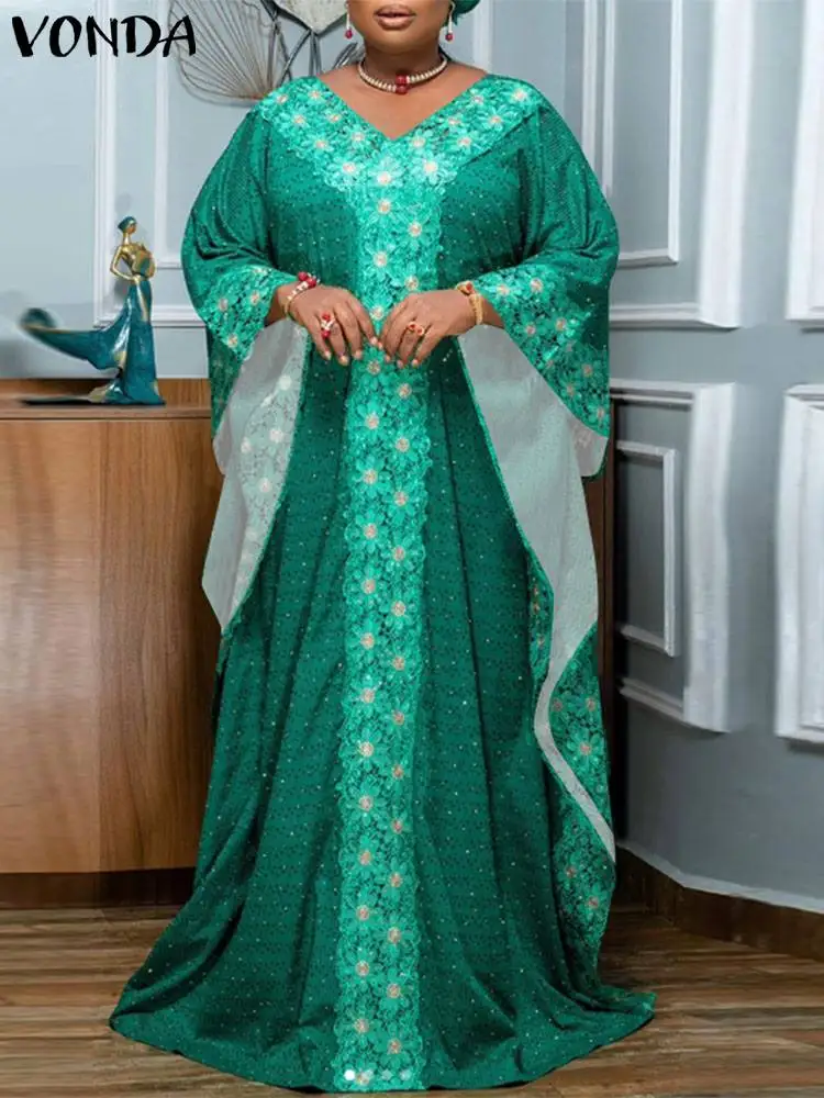 Женское длинное платье с рукавом летучая мышь и V-образным вырезом