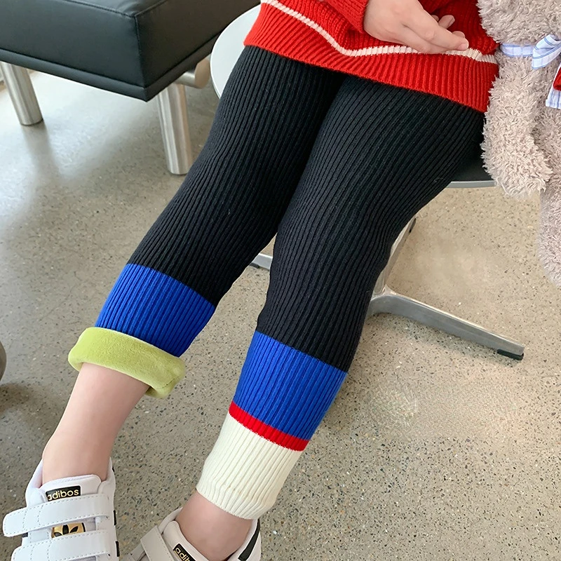 

Winter girls fashion knitted panelled leggings Kids soft fleece inner thicken all-match skinny pants