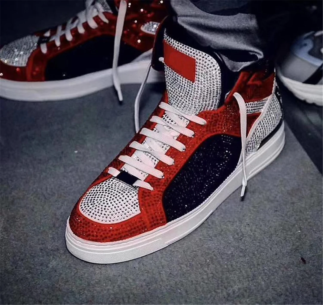

Men's Shoes Desigenr Rhinestones Bling Glitter Flats Sneakers High Casual Comfortable Non-slip Brand High Top Trend suede Shoe
