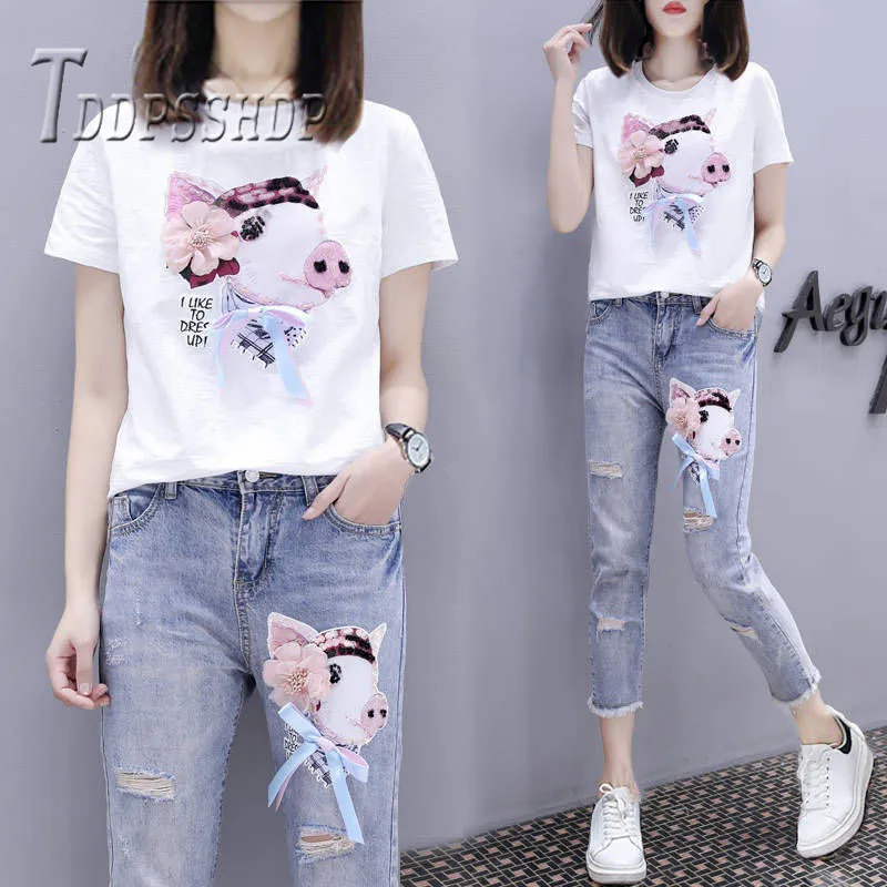 

2019 Cute Pig Print Women Sets Short Sleeve T Shirt And Jeans Female Sets