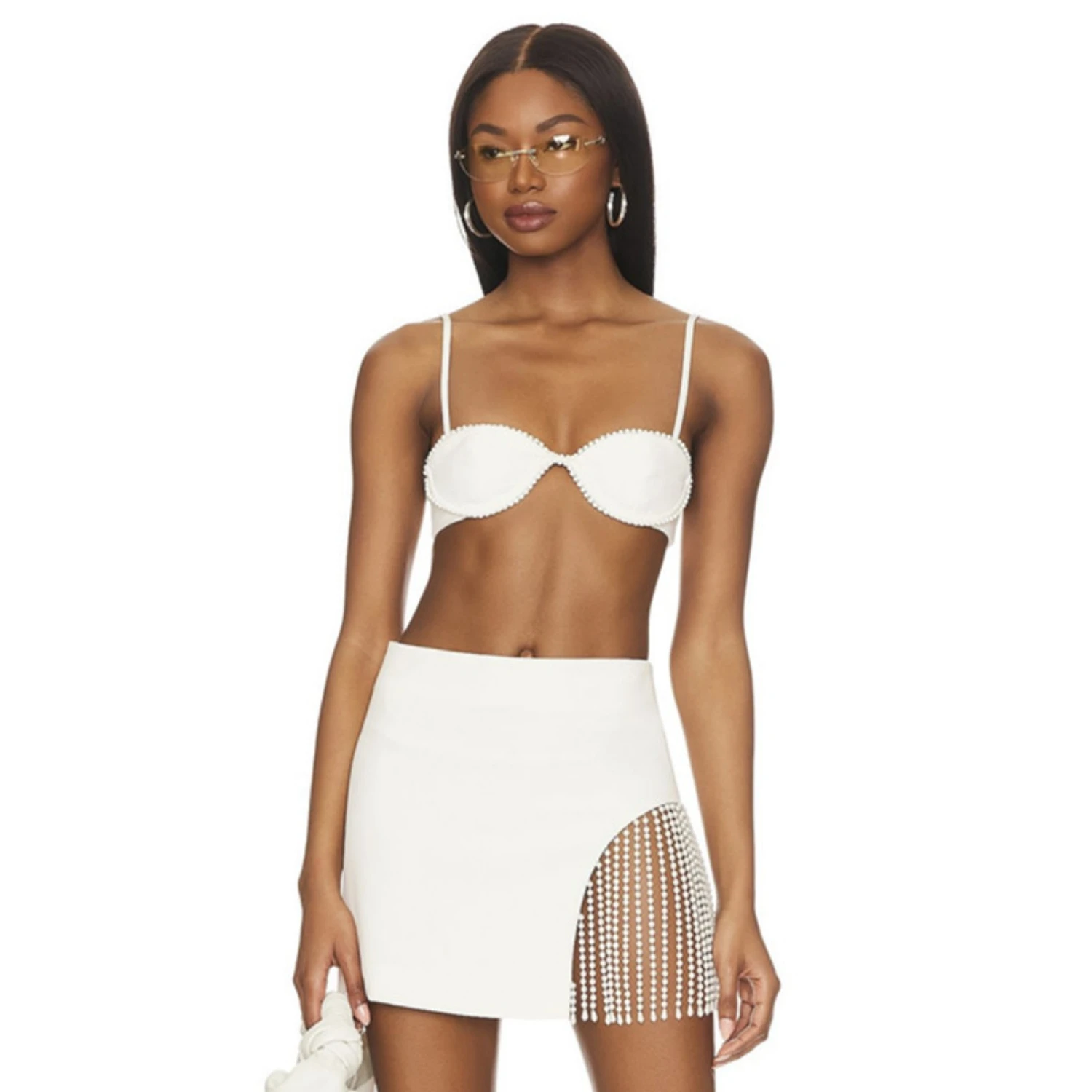 

Новинка лета 2023, женские пикантные белые топы без рукавов из двух частей на бретелях-спагетти, обтягивающие мини-топы с бахромой и юбка, костюмы для дня рождения