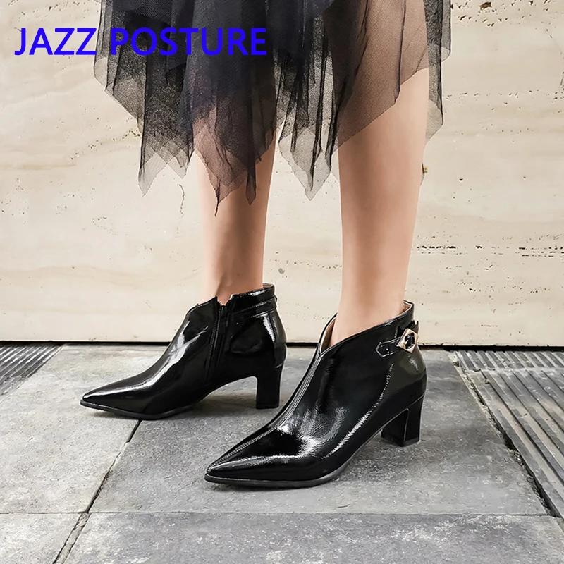 

black Patent Leather Ankle Boots 5.5CM High Heels Boots Women Winter Shoes Female Pointed Toe Botas Autumn winter Boots z319