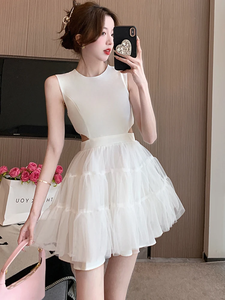 

Модное летнее короткое платье принцессы Y2K для женщин, милое шикарное Сетчатое однотонное сексуальное облегающее мини-платье без рукавов, женское пляжное платье