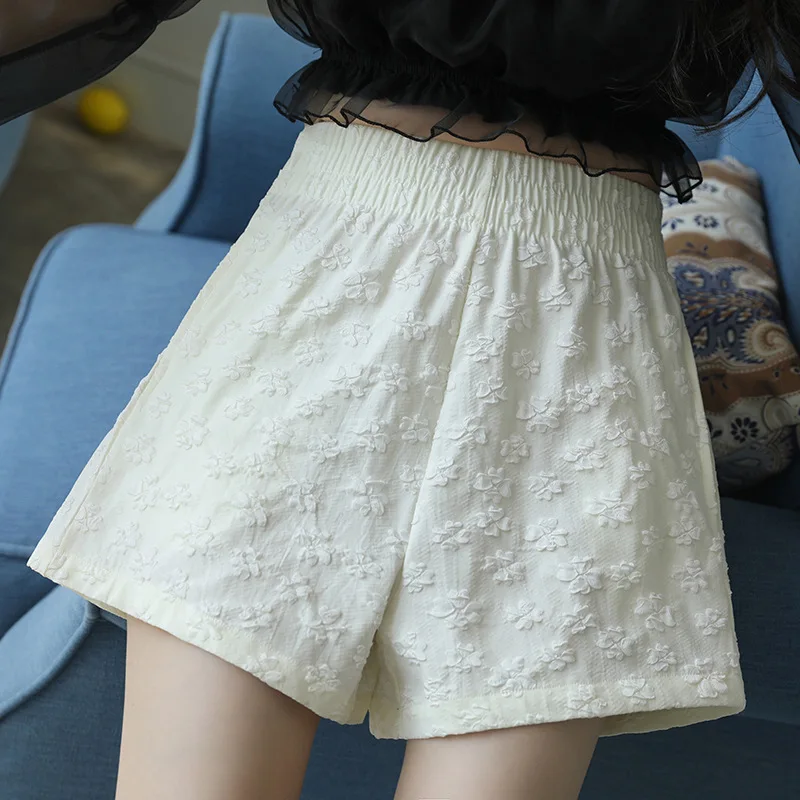 Women Shorts New Summer High Waist Jacquard Short Pants A-line Elastic Waist Wide Leg Korean Fashion Thin Casual Sport Shorts