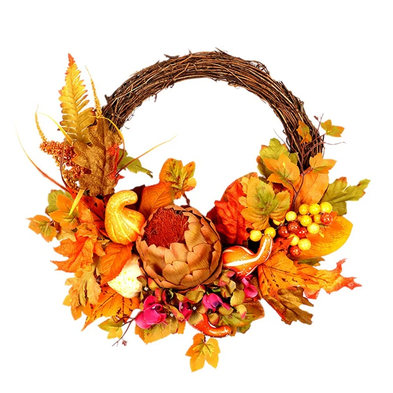 

Осенний венок с Тыквой и кленовыми листьями, ротанговый круг, День благодарения, украшение для дома, настенное украшение