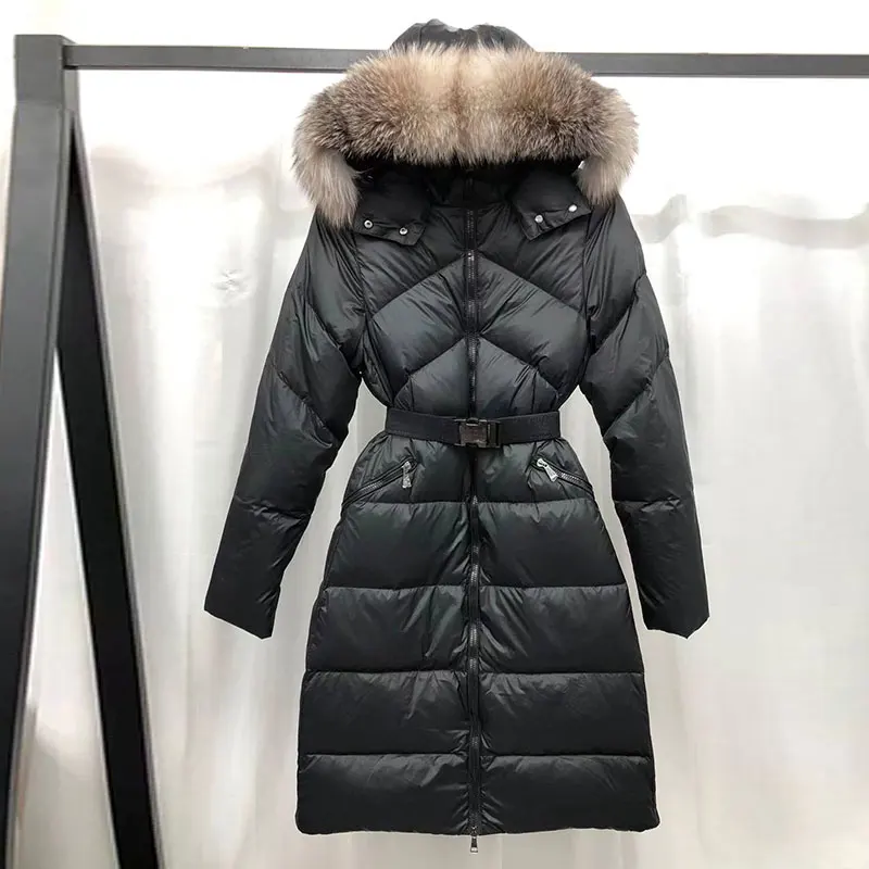 2022 Winter Parkas High Quality Natural Fur Collar Hooded Black Puffer Jacket Long Women Down Jacket Belt Slim Warm Luxury Coat enlarge