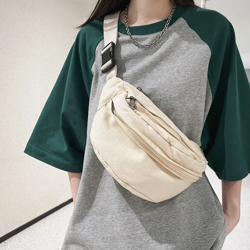 

Canvas Chest Bag for Women 2023 New Solid Color Japanese Simple Casual Bag Summer Mobile Bag Crossbody Small Bag