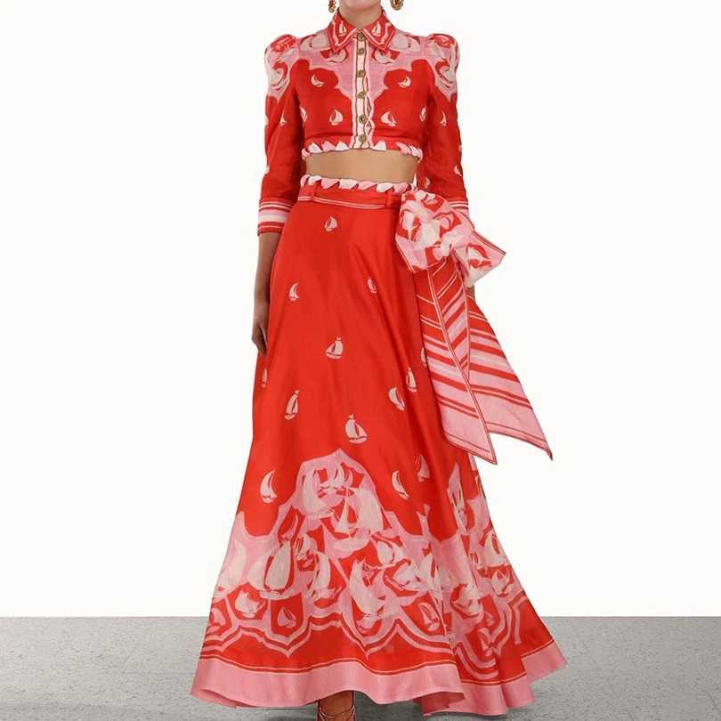 

2023 High Quality Linen Silk Red Sailboat Printing Self Tie Bow Crop Top Long Length Skirt Matching Set Women