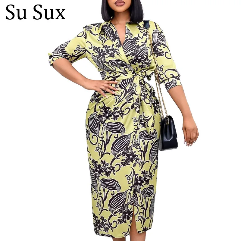 

African Clothes Office Lady High Waist Maxi Dress Africa Clothing 2022 Summer Print Turn Down Collar Dress Female Plus Size