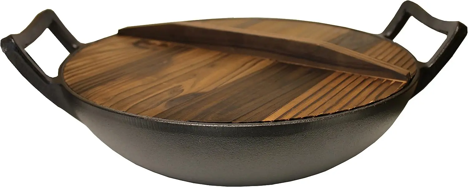 

House Cast Iron Wok, Pre-Seasoned with Wooden Lid 12" Diameter and Large Handles, Stir Fry Pan