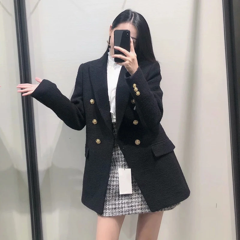 

Blazer Women 2023 Fashion Metal Double Breasted Woolen Blazers Coat Vintage Long Sleeve Female Outwear Chic Tops