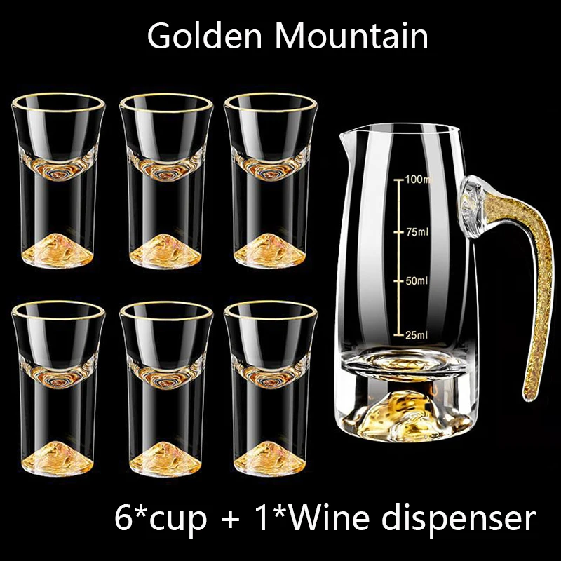 7 шт., набор коротких чашек из хрустального стекла, золотой/синий, бессвинцовый стакан для ликера с диспенсером для вина, Золотая чашка для водки, бренди, бокалы для вина