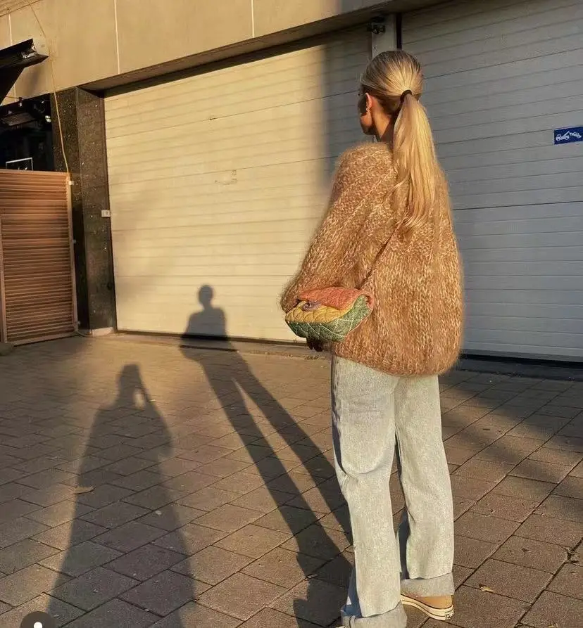 Осень 2024 новый зеленый мохеровый кардиган Женский Универсальный Свободный