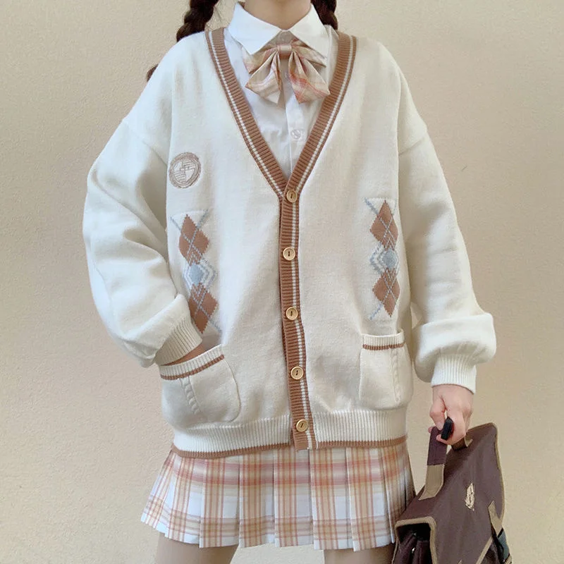 

Women's Winter Contrast V-neck Long Sleeve Sweater Jacket College Style Japanese Loose All Matching Knitted Cardigan Top