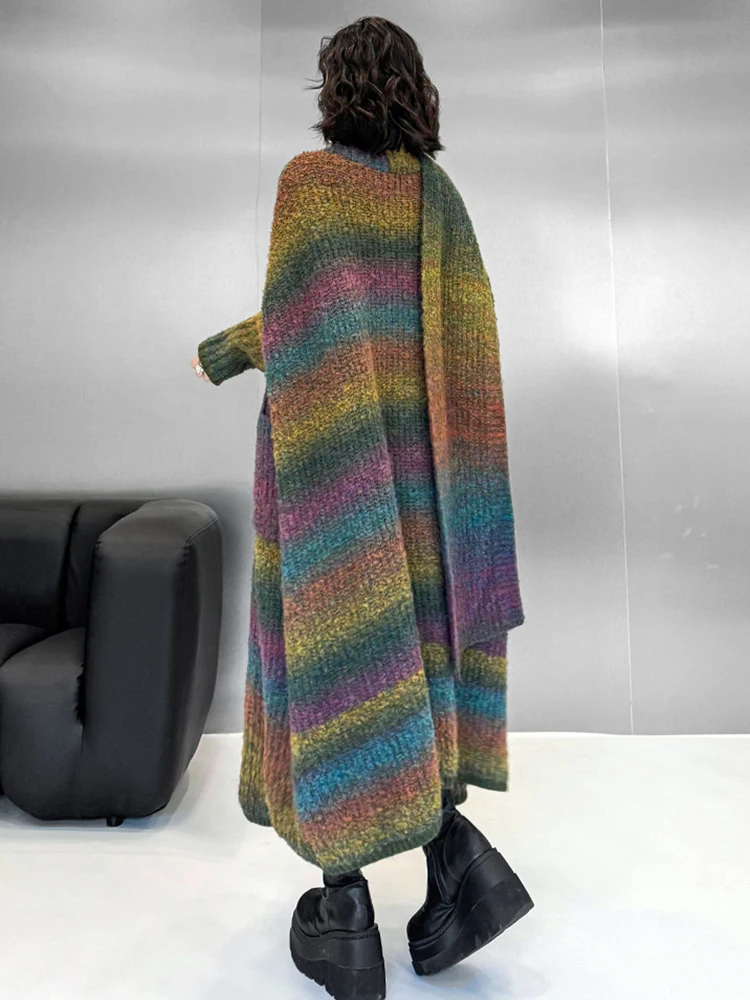 [EAM] Зеленый длинный вязаный кардиган большого размера свитер шарф воротник рукав