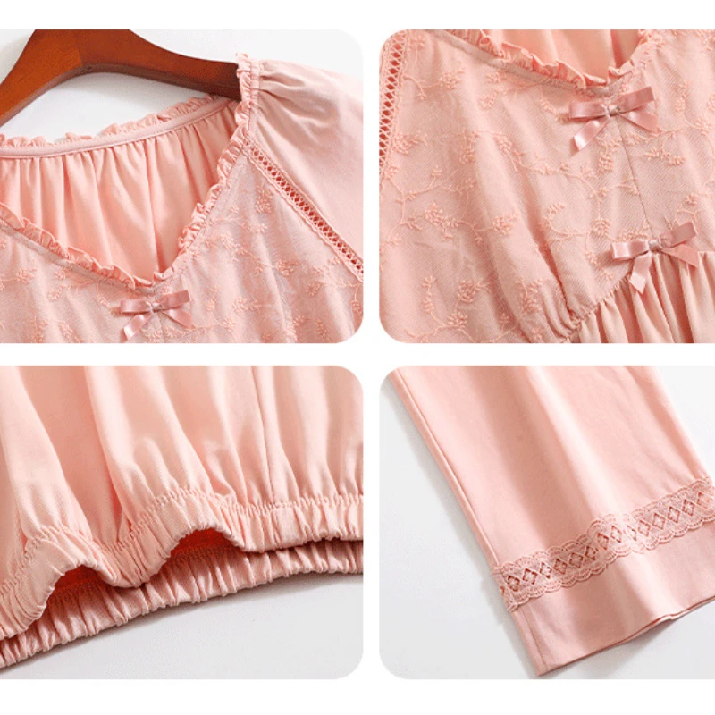 2023new Pajamas for Women's Summer Thin Cool Casual Simple and Cute Short-sleeved Trousers Home Service Suit Can Be Worn Outside