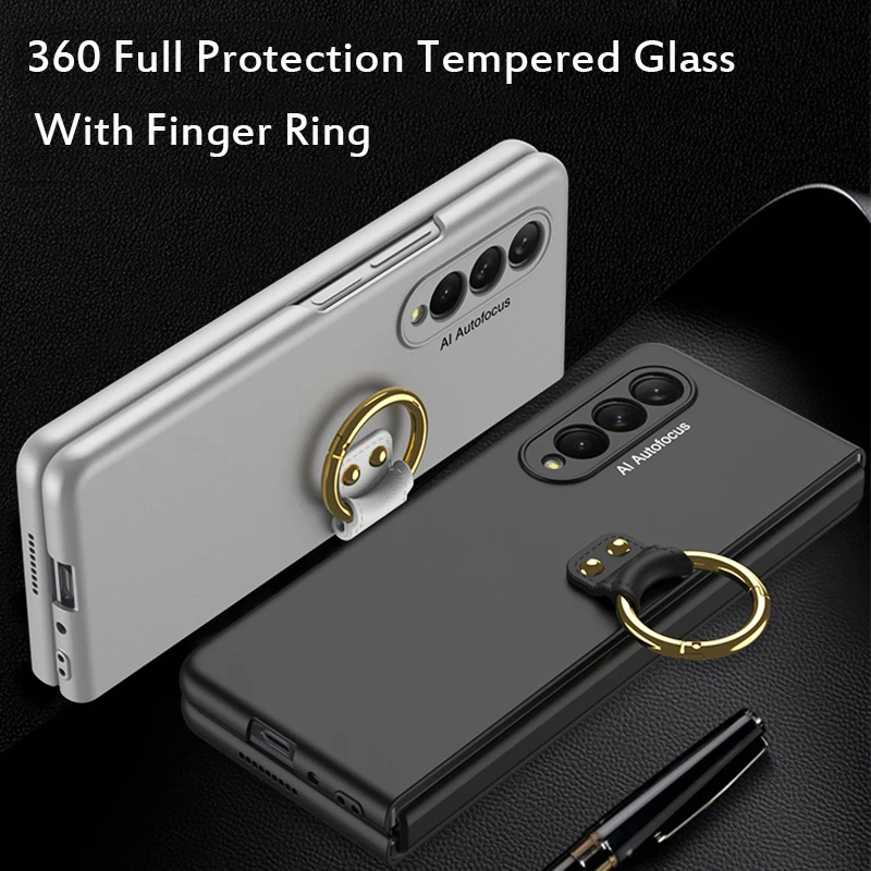 With Key Ring Shockproof Armor Hinge Case For Samsung Galaxy Z Fold 5 4 3 360 Full Protection Tempered Glass Matte PC Cover
