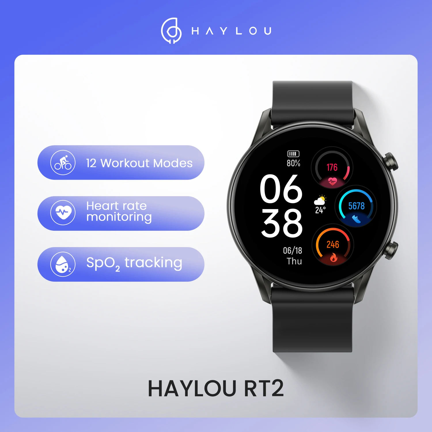 Haylou RT2 smart watches IP68 Waterproof Blood oxygen monitor 12 Sport Models Heart Rate Monito Sleep monitor Custom watch face