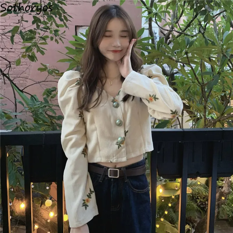 

Women Shirt Elegant Korean Style Puff Sleeve Sweet Spring Female Corduroy Crop Simple Casual Daily V-Neck All-match Trendy Retro